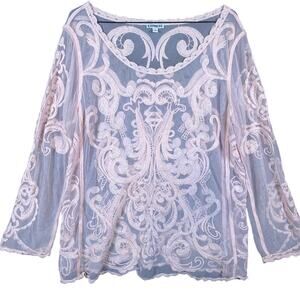 Express Womens Blouse Pink Lace Floral Mesh Sheer Long Sleeve Boat Neck Large